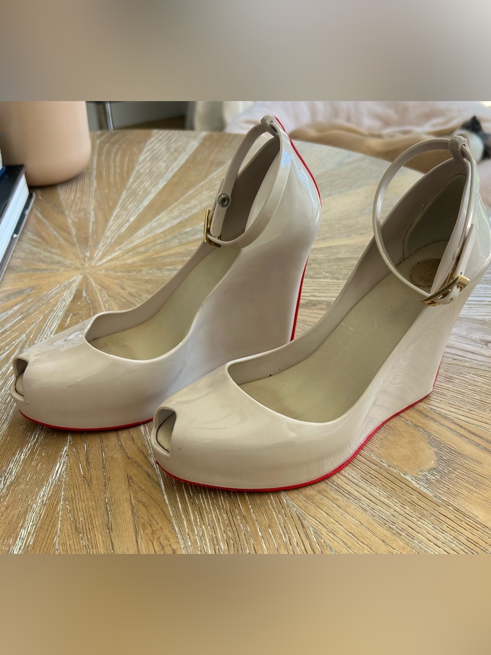 Melissa Nude Patent Peep-Toe Wedge size 6.5